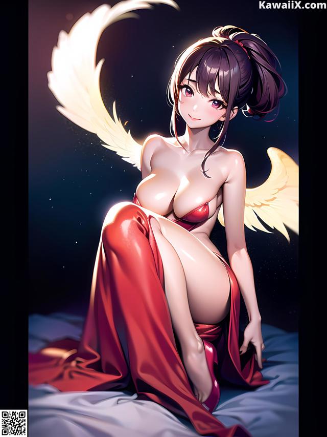 A woman in a red dress sitting on a bed with angel wings.
