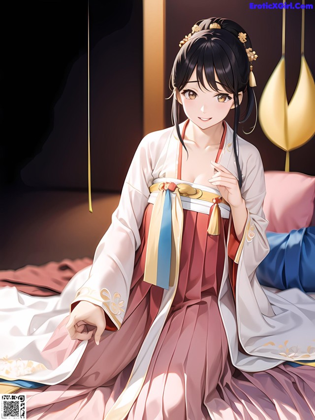 A woman in a kimono sitting on a bed.