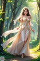 A woman in a wedding dress walking through a forest.