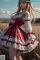 A woman in a red and white dress standing in a field.