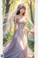 A woman in a wedding dress standing in the woods.