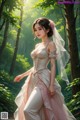 A woman in a wedding dress walking through a forest.