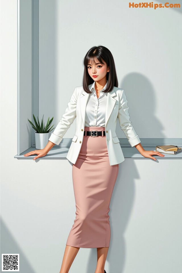 A woman in a white blazer and pink skirt leaning against a wall.